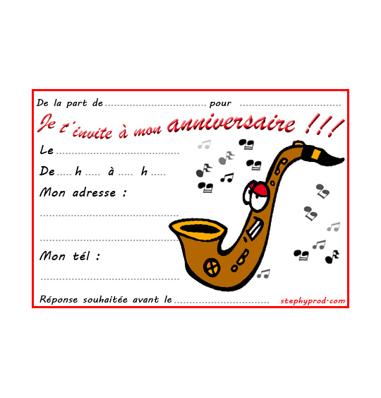 Dessin carte anniversaire pour enfant, un saxophone, catégorie Carton invitation anniversaire musique