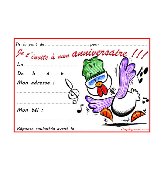 Dessin carte anniversaire pour enfant, une poule qui danse, catégorie Carton invitation anniversaire animaux