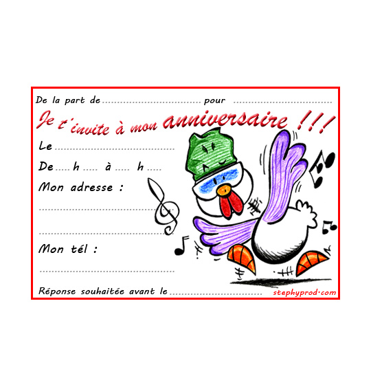 Dessin carte anniversaire pour enfant, une poule qui danse, catégorie Carton invitation anniversaire musique