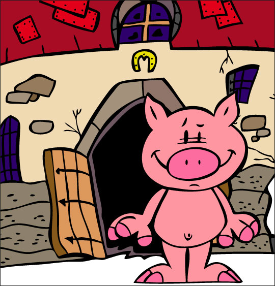 Dessin Bébé cochon, Bébé cochon tout nu devant la ferme, thème Cochon