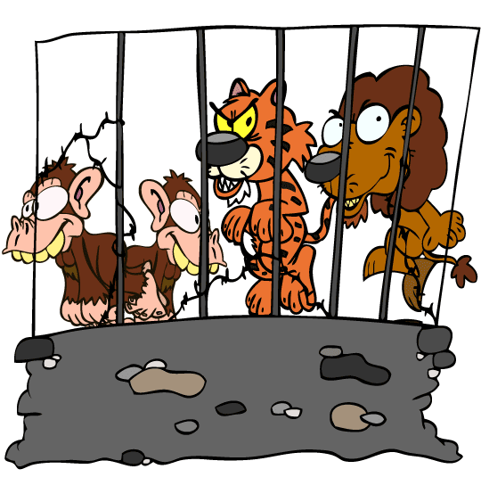 Dessin Chauve-souris, lion, tigre et singes en cage, thème Singe