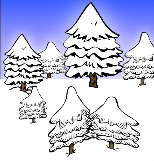 Dessin de Noël Mon beau sapin, sept sapins dans la neige, thème Neige