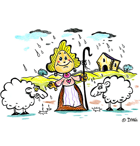 Dessin Il pleut Bergère, la bergère et deux moutons, thème Pluie