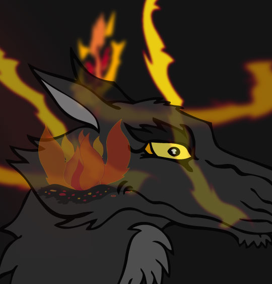 Dessin La Valse des Loups, tête de loup tout feu tout flamme, thème Loups