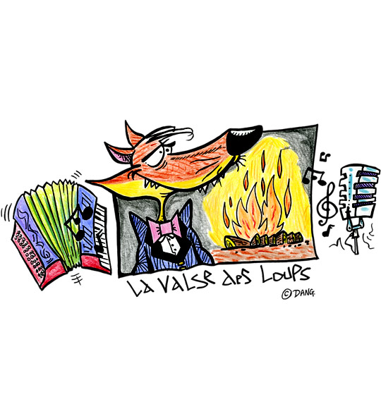 Dessin La Valse des Loups, un loup chanteur en costume, catégorie Chanson pour enfants La Valse des Loups