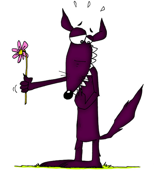 Dessin Le Loup Sympa, le loup sympa offre une fleur, thème Fleurs