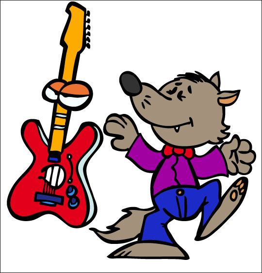 Dessin Le Loup Sympa, petit loup et la guitare électrique, thème Instruments de musique