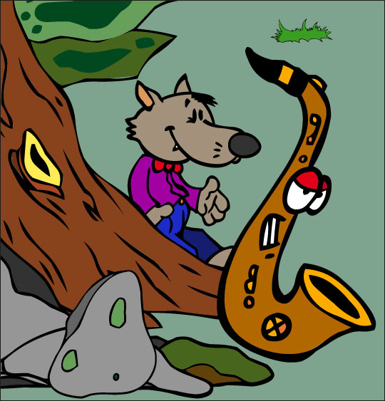 Dessin Le Loup Sympa, petit loup et le saxo dans la forêt, thème Instruments de musique