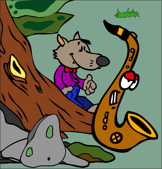 Dessin Le Loup Sympa, petit loup et le saxo dans la forêt, thème Loups