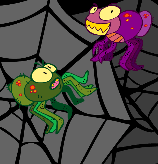 Dessin Le Rock de la sorcière, 2 araignées dans leur toile, thème Halloween