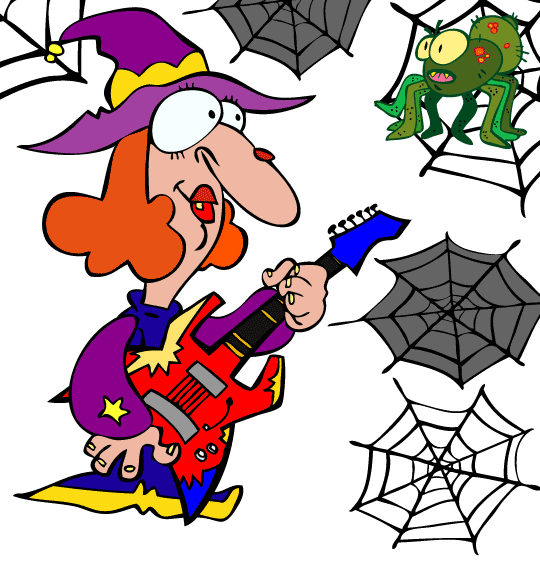 Dessin Le Rock de la sorcière, la sorcière joue de la guitare à l'araignée, catégorie Chanson pour enfants halloween Le rock de la sorcière