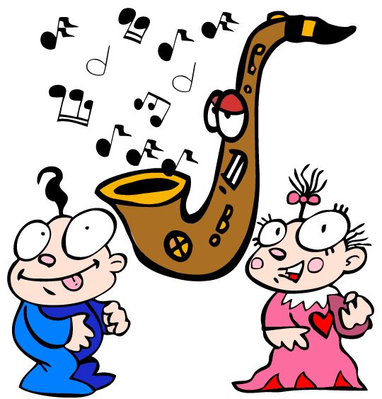 Dessin Le Rock de la sorcière, les bébés et le saxophone, thème Instruments de musique