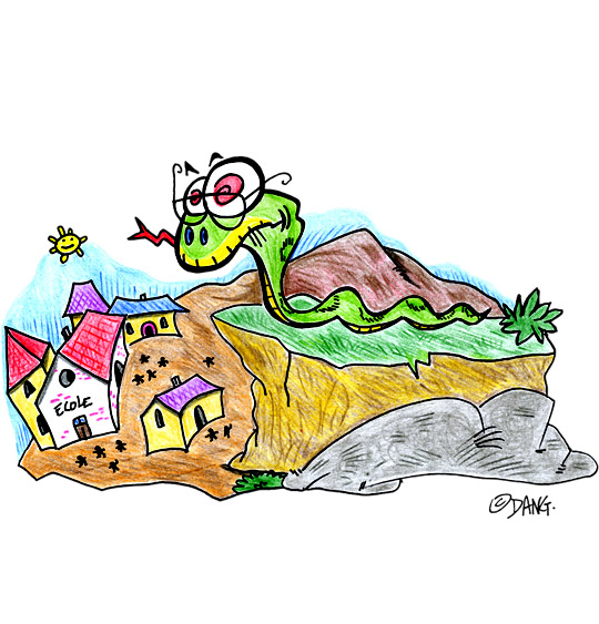 Dessin Le serpent sur la colline observe le village, thème Maisons