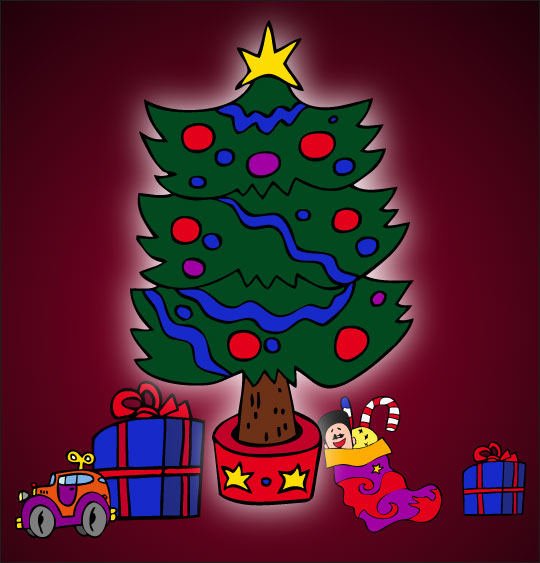 Dessin chanson Mon beau sapin, le sapin de Noël illuminé avec les cadeaux, thème Boules de Noël