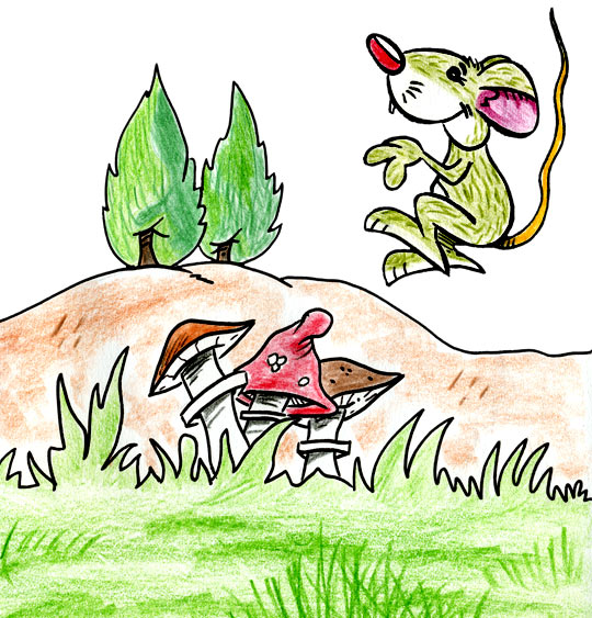 Dessin Une souris verte, la souris verte qui court dans l'herbe, thème Champignon