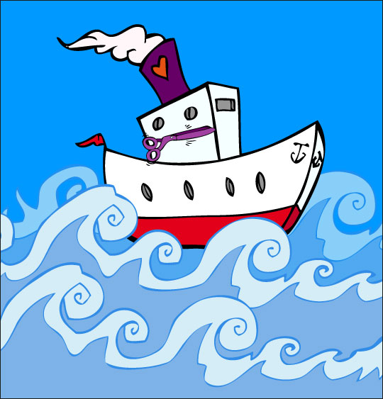 Dessin Bateau, ciseaux, le bateau dans les vagues, thème Eau