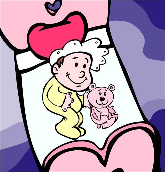 Dessin comptine Dodo, l'enfant do, un bébé dans son lit avec son nounours, thème Jouet
