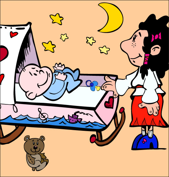 Dessin comptine Fait dodo Colas mon petit frère, la soeur berce le bébé, thème Lit