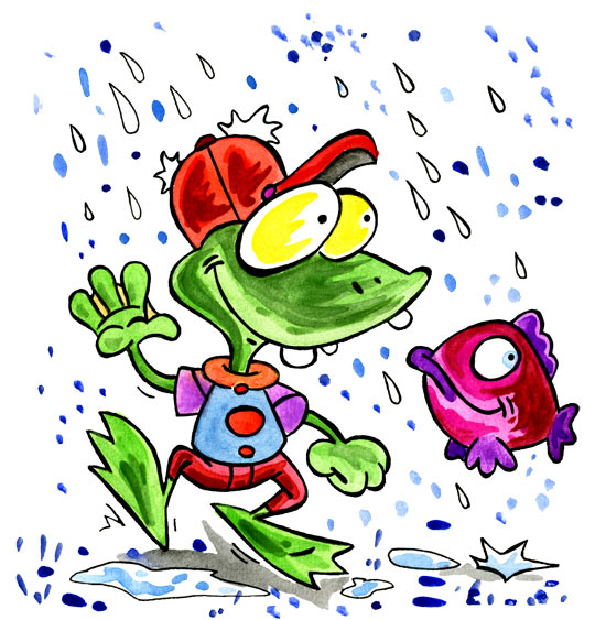 Dessin Il pleut, il mouille, c'est la fête à la grenouille, une grenouille et un poisson, thème Eau