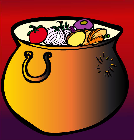 Dessin comptine La soupe à la sorcière, une marmite de soupe aux légumes, thème Ustensiles de cuisine
