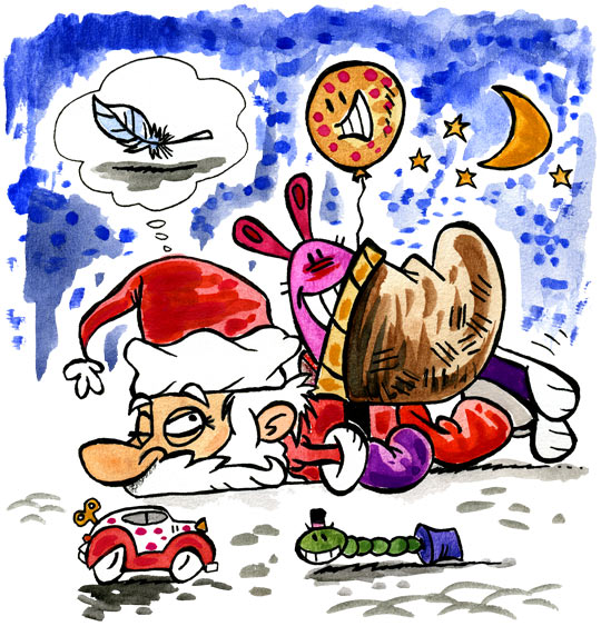 Dessin Le père Noël est fatigué le pauvre, thème Voiture
