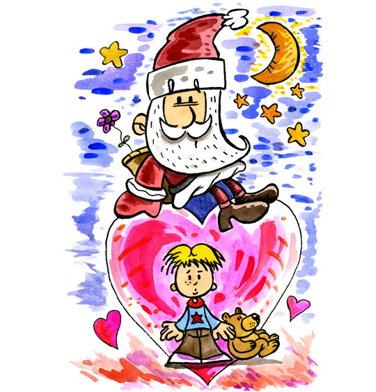 Dessin Lettre au père Noël, un père Noël sur un coeur, thème Lune