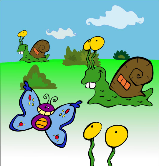 Dessin Petit escargot,  trois escargots et un papillon, thème Escargot
