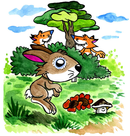 Dessin Un petit lapin, deux renards observent Petit Lapin, thème Arbres