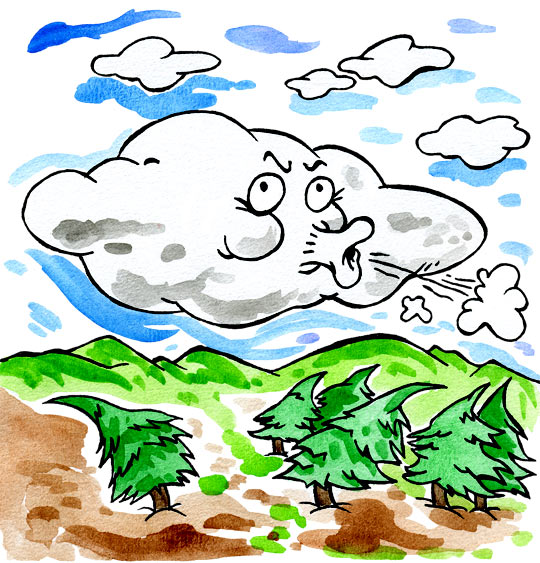 Dessin Vent frais, vent du matin, le nuage qui souffle, thème Arbres