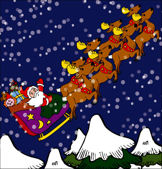 Dessin La Nuit avant Noël, le père Noël  et son traineau sous la neige, thème Cadeau