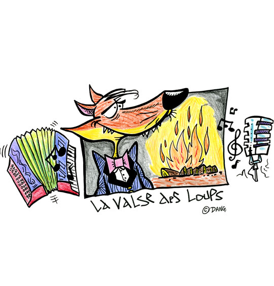 Dessin La Valse des Loups, un loup, un accordéon, un micro et un feu de bois, catégorie Conte La Valse des Loups