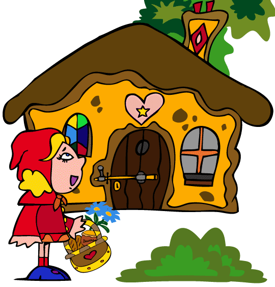 Dessin du petit chaperon rouge et de la maison de la grand-mére, thème Maisons