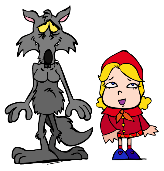 Dessin Le petit chaperon rouge et le loup cote à cote, thème Loups