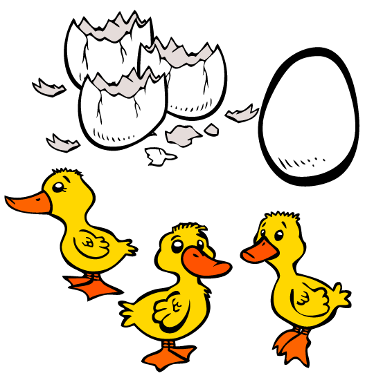 Dessin du vilain petit canard, 3 petits canetons sortent de leurs oeufs, catégorie Conte Le vilain petit canard