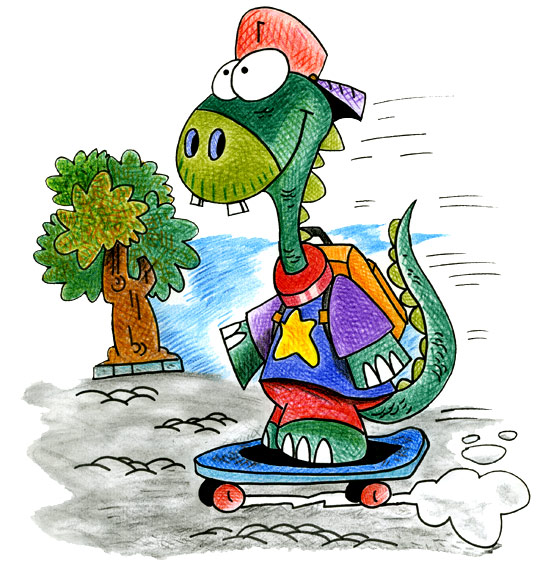 Dessin Cours de dessin pour enfants, le dinosaure fonce à l'école, thème Dinosaure