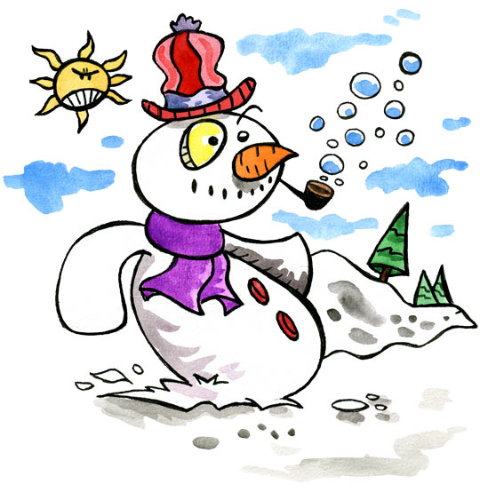 Dessin Le bonhomme de neige, le bonhomme fait des bulles de savon, thème Soleil