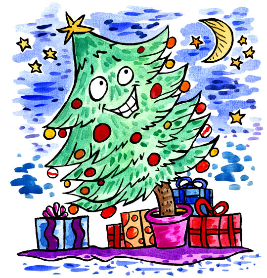 Dessin Le sapin de Noël, un sapin de Noël sous les étoiles, thème Cadeau