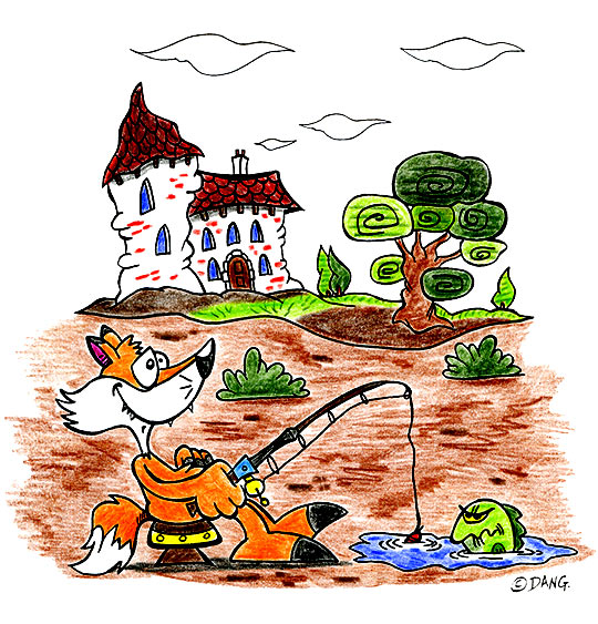 Dessin des vacances d'été à la campagne, le renard pêche, thème Poisson