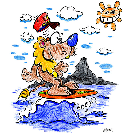 Dessin des vacances d'été à la mer, un lion sur la vague, thème Vacances d'été