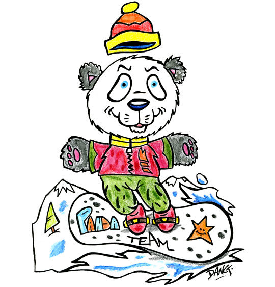 Dessin des vacances de février, un panda surfe sur la neige, thème Neige