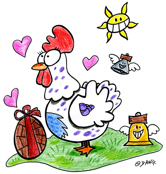 Dessin Vacances de Pâques, une poule amoureuse d'un oeuf en chocolat, thème Cloche