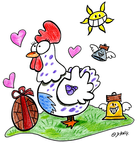 Dessin Vacances de Pâques, une poule amoureuse d'un oeuf en chocolat, catégorie Vacances avec les enfants, une rubrique Stéphyprod