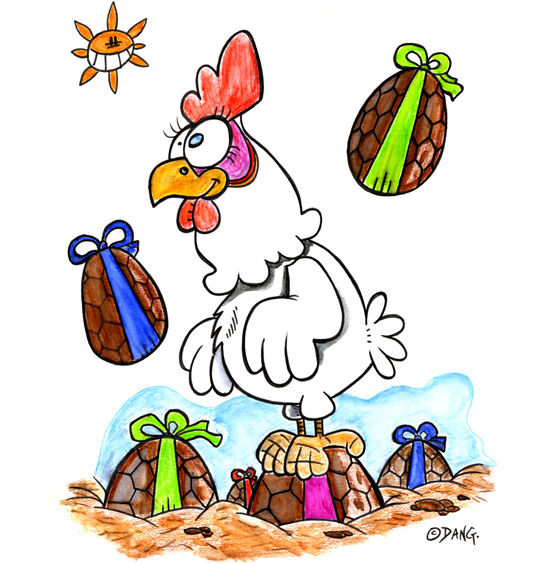 Dessin Vacances de Pâques, une poule au milieu des oeufs de Pâques, thème Pâques