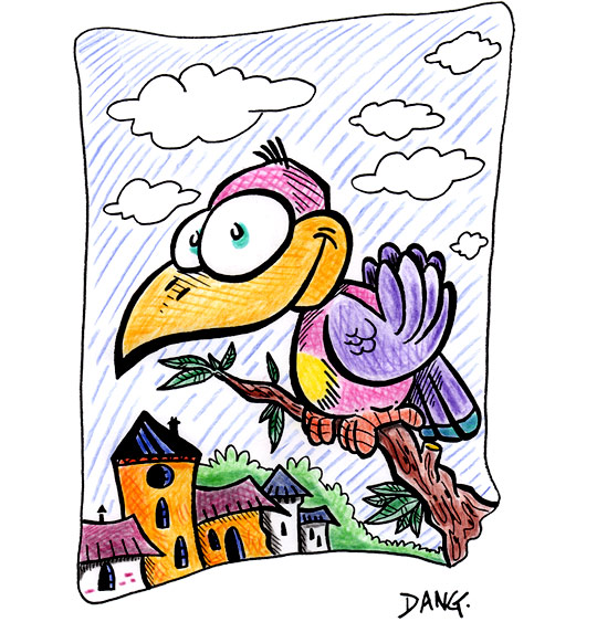 Dessin À la Volette, un oiseau sur une branche, illustrateur Dang