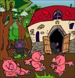 Illustration Chanson Bébé cochon, les bébés cochons dansent devant la ferme