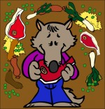 Illustration Chanson Le Loup Sympa, petit loup mange une côte de boeuf