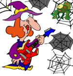Illustration Chanson Le Rock de la sorcière, la sorcière joue de la guitare à l'araignée