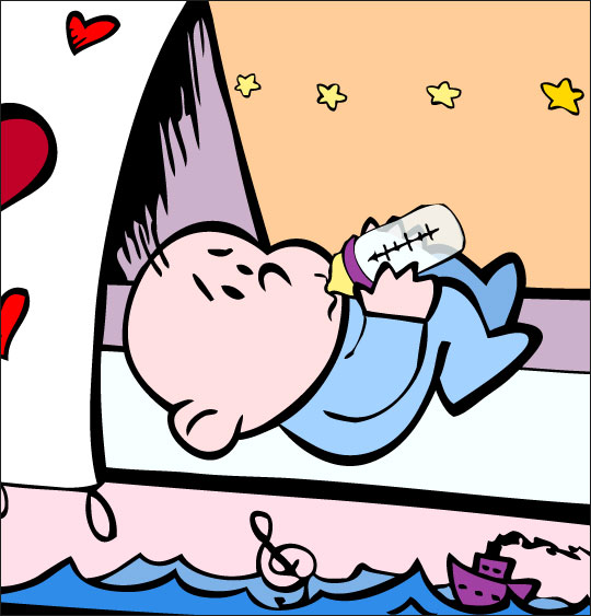Dessin comptine Fait dodo Colas mon petit frère, bébé boit son lolo, illustrateur Dang