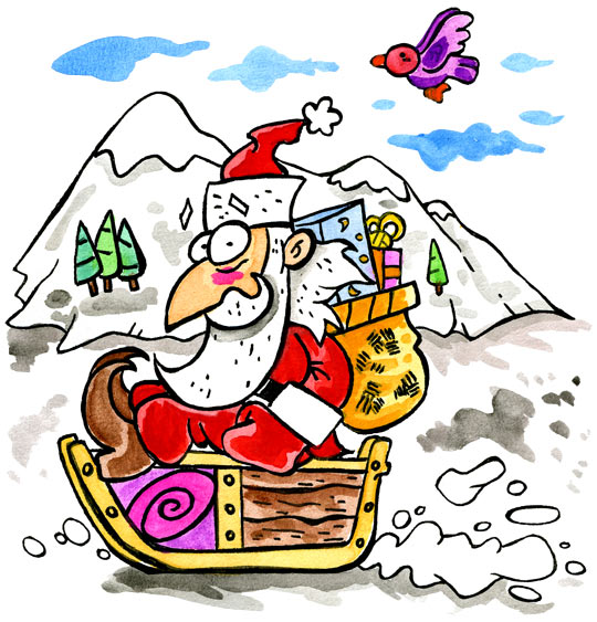 Dessin L'as-tu reconnu ? C'est le père Noël, le père Noël fait de la luge, illustrateur Dang