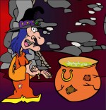 Illustration Comptine La soupe à la sorcière, la sorcière observe sa soupe